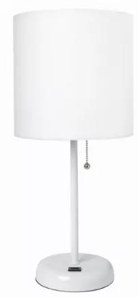 This fun and fashionable lamp features a white base and a fabric shade. It comes equipped with a USB seated in the base for use to charge mobile phones, handheld games, tablets, and other small electronics. This lamp will add a fabulous flair to any room. Perfect for bedrooms, kids and teens, college dorms, nurseries, or fun offices!
