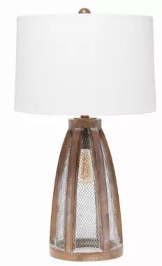 Add charm and character to your home with this rustic table lamp. The base features a weathered old wood look and metal lattice complimented by a white fabric drum shade. Option to turn 1 light, 2 lights or both lights on, offering you different levels of brightness. Perfect for your living room, bedroom, office, or anywhere you need to add a little touch of farmhouse decor!