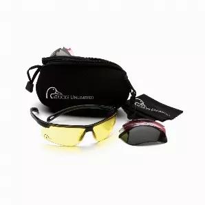 The Ducks Unlimited shooting eyewear kit features eyewear with soft nosepiece for snug fit. Semi-frame & slim co-material temple design for lightweight spectacle-22 gm. Offers a clear panoramic view without obstruction. 8 base wraparound lens provides full front side protection. Kit includes care free neoprene storage case, microfiber cleaning cloth, and four interchangeable lenses clear, smoke green, amber, and vermilion.