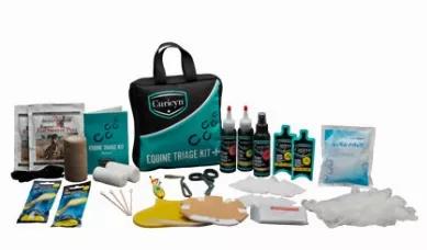 Portable and easy to use equine first aid kit to keep in your vehicle, trailer, or with your saddle. Curicyn Equine Triage Kit is perfect for minor accidents or unexpected emergencies. <br> <b>Contents:</b><br> Case with Organized Dividers, 3-oz Curicyn "Original Formula" Spritzer, 3-oz Curicyn "Original Formula" Yorker, Hoof Care Single Application Kit, 1-oz Curicyn Wound Care Clay, 3-oz Blood Stop Powder Yorker, (2) PBT Bandage, (4) 3x3 Gauze, (4) 2x2 Gauze, (4) 6" Cotton, Applicators, (2) Glo