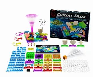 There are 395 different projects to build, and all parts are compatible with our Power BloxTM line to add even more fun to your building experience.  Some of the fun projects you will build include light activated sirens, alarms, birthday song,
fl ying fan, and transistor amplifiers.<br>
The kit includes various switches, lamp, heart and star LEDs, speaker, audio block, amplifier block, FM receiver block, motor, resistors, photoresistor, capacitors, transistor and more!<br>
Great addition to any