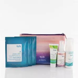 A set of natural, healthy travel essentials to refresh, calm and hydrate on-the-go.  Each sustainably-sourced cotton bag contains four of YUNI’s best travel-sized products.  SHOWER SHEETS are large, soft, pre-moistened body wipes that refresh and deodorize when a shower is not an option.  FLASH BATH is ideal for a quick clean-up after a vigorous workout. Hydrating COUNT TO ZEN restores lost moisture when you need it most.  Create your own cocoon of freshness and tranquility wherever you go wit