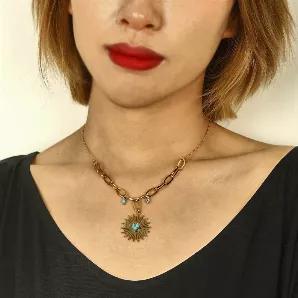 <p>Style: SOPHIA 21004 Necklace.<br></p>
<p>Blending signature elements honed by our design team, this sun-burst, boho influenced necklace, adorned with natural stones, makes for an eye catching piece. Stand out from the crowd.</p>
<p>Crafted from Hand Forged Graded Metal Dipped in Pure 18 Karat Gold. Free of Nickel, Lead and Cadmium. Non-Allergic and will not turn Skin Green.<br></p>
<ul>
<li>Length 16"</li>
<li>1.5" Extender with Logo</li>
<li>Lobster Clasp Closure</li>
<li>Glow in Gold: Luxur