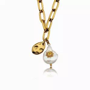<p>Style: RYANN 21290 Necklace.<br></p>
<p>Featuring a linked chain with a duo of contrasting pendants: a baroque fresh water pearl embellished with a gold sun symbol and a hammered gold dipped oval. </p>
<p>Crafted from Hand Forged Graded Metal Dipped in Pure 18 Karat Gold. Free of Nickel, Lead and Cadmium. Non-Allergic and will not turn Skin Green.</p>
<ul>
<li>Length 16"</li>
<li>1.5" Extender with Logo</li>
<li>Lobster Clasp Closure</li>
<li>Glow in Gold: Luxurious Gold Hue from the Pure 18 