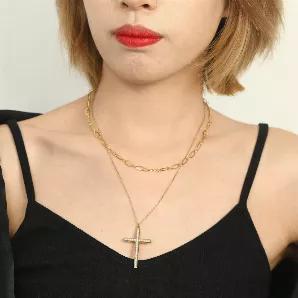 <p>Style: CAMILA 21014 Necklace.<br></p>
<p>Two contrasting layered chains with the longer chain anchoring a classic cross embedded with Zirconia Gemstones.</p>
<p>Crafted from Hand Forged Graded Metal Dipped in Pure 18 Karat Gold. Free of Nickel, Lead and Cadmium. Non-Allergic and will not turn Skin Green.<br></p>
<ul>
<li>Length 16"</li>
<li>1.5" Extender with Logo</li>
<li>Lobster Clasp Closure</li>
<li>Glow in Gold: Luxurious Gold Hue from the Pure 18 Karat Gold Dipping</li>
<li>Wear to Dres