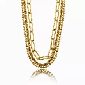 <p>Style: SELENE 21288 Triple Layer Necklace.<br></p>
<p>Turn heads in our mixed chain layer necklace. Simple, yet sophisticated, this pre-layered 3 strand necklace will up your style quotient.</p>
<p>Layer 1: Paper Clip Chain.<br> Layer 2: Rope Chain. <br>Layer 3: Mini Beads Chain.</p>
<p>Crafted from Hand Forged Graded Metal Dipped in Pure 18 Karat Gold. Free of Nickel, Lead and Cadmium. Non-Allergic and will not turn Skin Green.<br></p>
<ul>
<li>1.5" Extender with Logo</li>
<li>Lobster Clasp 