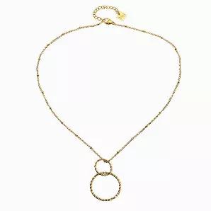 <p>Style: AVA 21003 Necklace.<br></p>
<p>A versatile and stylish piece featuring a dainty beaded chain and a pendant with 2 circles in an interwoven pattern.</p>
<p>As a circle has no beginning and no end it is said to represent eternity. Two circles, one small and one large are said to represent love and protection.</p>
<p>Crafted from Hand Forged Graded Metal Dipped in Pure 18 Karat Gold. Free of Nickel, Lead and Cadmium. Non-Allergic and will not turn Skin Green.</p>
<ul>
<li>Length 16"</li>

