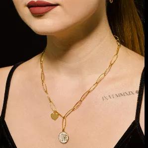 <p>Style: EMMA 21002 Necklace. </p>
<p>A modern romantic necklace with a retro vibe. The chain links give a modern look, while the enameled LOVE script in a retro font manifests a nostalgic aesthetic; and the heart symbol adds a passionate touch.</p>
<p>Crafted from Hand Forged Graded Metal Dipped in Pure 18 Karat Gold. Free of Nickel, Lead and Cadmium. Non-Allergic and will not turn Skin Green.</p>
<ul>
<li>Length 16"</li>
<li>1.5" Extender with Logo</li>
<li>Lobster Clasp Closure</li>
<li>Glow
