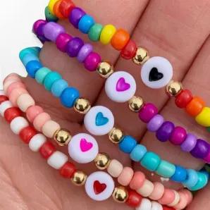 Perfect for your little sweeties! Child size beaded stretch bracelet in various colors. These will sell quickly!<br>
<br>
Standard child size is 5"<br>
Sold in packs of 8. You will receive a variety of color combinations. <br>
