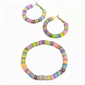 Pastel heishi beads strung on 7" stretch cord with matching lever back hoop earrings. Gold or silver accent beads. Sold in packs of 6 sets.<br>