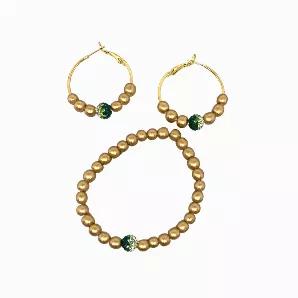 Gold wooden beads with center  swarovski crystal bead on 7" stretch cord. Coordinating lever back hoop earrings. Available in green, black and blue (2 of each per pack). <br>