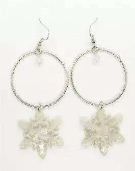 White Pearl Acrylic Snowflake Silvertone Hoop Earrings with White Opal Swarovski crystal dangle