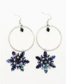 Blue Multi Acrylic Snowflake Silvertone Hoop Earrings with Jet Swarovski crystal dangle