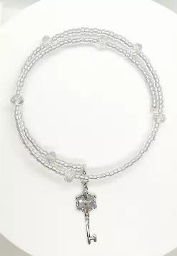 Silver beaded wrap choker necklace with Swarovski crystal snowflake key pendant and clear crystal accents.