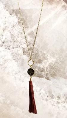 Long gold chain tassel necklace with Louis Vuitton logo connector. Repurposed from Vintage LV Speedy 35 FH1912.