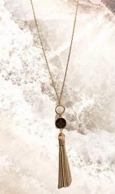 Long gold chain tassel necklace with Louis Vuitton logo connector. Repurposed from Vintage LV Speedy 35 FH1912.