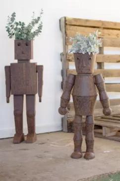 Set Of Two Metal Robot Planters Large 14" X 9" X 37"T Small 16.5" X 7.5" X 31"T