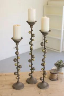 Set Of Three Metal Candle Stands With Ball Details Largest 7"D X 37"T