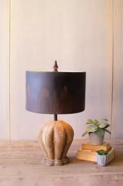 Table Lamp With Natural Wooden Base & Dark Metal Barrel Shade 16"D X 24.5"T