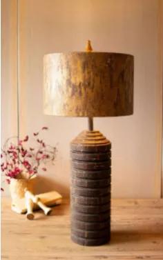 Tall Wooden Table Lamp  With Antique Gold Metal Shade 15.5"D X 36"T