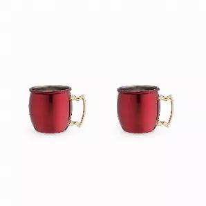 The Pocket-Sized Version Of The Classic Moscow Mule Mug Holds Two Ounces Of Said Concoction Or Of Something Stronger. A Red Finish Catches The Light To Twinkle Merrily Fireside Or At A Holiday Party.<Ul><Li>Set Of 2 </Li><Li>Holds 2 Oz Each</Li><Li>Crafted From Stainless Steel</Li><Li>Metallic Red Finish And Gold Plated Handle</Li><Li>Perfect For Holiday Entertaining</Li></Ul> Set Of 2 Holds 2 Oz Crafted From Stainless Steel Metallic Red Finish & Gold Plated Handle