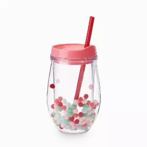 Three Cheers For Your Favorite Varietal! Add A Bit Of Fun And Color To Your Parties With This Festive Wine Tumbler. Plus, The Double Wall Will Help Your Cold Drinks Chilled.<Ul><Li>Holds 10 Oz </Li><Li>Bpa Free Plastic With Floating Pom Poms</Li><Li>Straw Included</Li><Li>Double Walled Tumbler With Slide Close Lid </Li><Li></Li></Ul> Holds 10 Oz Bpa Free Plastic With Floating Pom Poms Double Walled Tumbler With Slide Close Lid