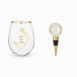 Commemorate The 'Best Day Ever' With This Wedding Stemless Wine Glass And Stopper Set, Ideal For Sending Happy Couples Off On Their New Adventure. Featuring Gold Details, Text, And Rim, This Duo Makes Thoughtful Gifting Easier Than Ever.<Br><Ul><Li>Set Of 1 Wine Glass & 1 Wine Bottle Stopper</Li><Li>Wine Glass Comfortably Holds 16Oz</Li><Li>Stopper Fits Standard Wine Bottles</Li><Li>Electroplated Gold Rim On Wine Glass With Gold Printing</Li></Ul> Set Of 1 Wine Glass & 1 Wine Bottle Stopper<br> 