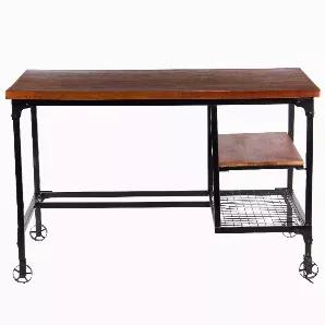 Accentuate your home office space with the inclusion of this spacious desk, exhibiting industrial design. The rectangular top and one side shelf of this table is constructed using Mango wood and supported by tubular metal base, accented in powder coated black finish that provides a perfect contrast with the brown finish. It comes with two side side shelves which includes one a mesh design bottom shelf and one wooden shelf which provides a great space to store your files, books, and other related
