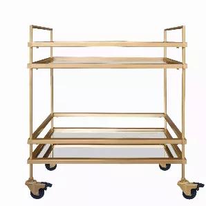Add this modern efficient bar cart in your living space to make your serving easy while enjoying everything at your reach. The frame of this metal cart is constructed from gold finish iron while the clear mirror shelves accentuate its modern appeal. It features 4 efficient castor wheels that make it move in any direction, out of which 2 comes with a lock. It comes with 2 side handles that offer easy carrying while the rails on each shelf protect anything from falling. The distance between each s
