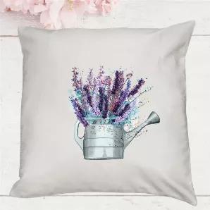 Lavender Watering Can Pillow Cover. <br>
Abundant Lavender fields cut into sprigs to overfill your watering can and your heart. <br> This Pillow cover will display a farm style look in your home and allow you to be ready for Spring by sprucing up your sacred spaces with this stylish accessory. <br>
Removable, so you can keep recovering your pillows season after season without the added space of a full pillow. <br>
18x18 White woven Polyester. <br>
Will fit either 18x18 or 20x20 (for a fuller loo