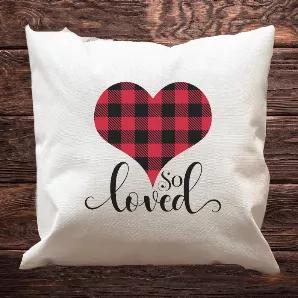 So Loved Pillow Cover. <br>
Adorn your home with this "So Loved" Valentine's pillow cover. <br> Be ready for Valentine's Day and dress up your space. <br> Cozy yet efficient because it is a removable pillow case, so you can keep recovering your pillows season after season without the added space of a full pillow. <br>
18x18 White woven Polyester pillow cover with a Hidden Zipper Closure. <br>
Will fit either 18x18 or 20x20 (for a fuller look) pillow insert. <br>
The design is sublimated onto the