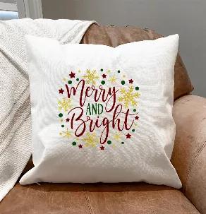 Merry & Bright Pillow Cover <br>
Be Merry & Bright with this festive addition to your home decor. <br> You are sure to brighten everyones spirit by cozying up with this comfy pillow cover.  <br> Removable, so you can keep recovering your pillows season after season without the added space of a full pillow. <br>
18x18 White woven Polyester fabric pillow cover with a Hidden Zipper Closure. <br> 
Will fit either 18x18 or 20x20 (for a fuller look) pillow insert. <br>
The design is sublimated onto th