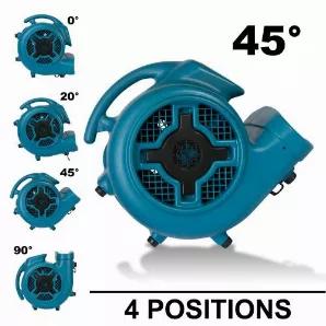 The XPOWER P-630HC is the best choice for a lightweight and mobile air mover that does not compromise on power or performance. With a 1/2 HP motor capable of up to 2800 CFM and running at an energy efficient 5 Amps, this unit weighs less than 20 lbs. The included telescoping handle with wheels and carpet clamp provide added versatility and convenience. 3 adjustable positioning angles allow the P-630HC to dry carpets, floors, walls and large areas quickly and efficiently. Stackable and manufactur