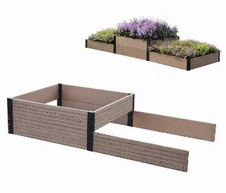 This extension can be used with all our raised garden beds, and in unlimited sets to create any length to your satisfaction. And the terraced Hi-Lo beds will meet all gardeners dream of planting different rooted veggies and flowers. After all, no tool is needed in the whole assembling process. <br>
Wood plastic composite boards provide a genuine texture of wood while ensure a long, maintenance free life in outdoor conditions. <br>
Heavy duty steel brackets are galvannized and coated with UV resi