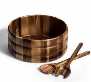 Beautiful extra large salad bowl comes complete with serving utensils.  Extra large family sized bowl for salads, fruits or snacks.  Coordinating servers included.  Made from environmentally friendly Acacia wood.  Cleans up easily by wiping with a damp cloth.