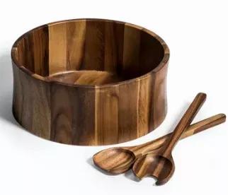 Beautiful extra large salad bowl comes complete with serving utensils.  Extra large family sized bowl for salads, fruits or snacks.  Coordinating servers included.  Made from environmentally friendly Acacia wood.  Cleans up easily by wiping with a damp cloth.