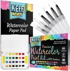 COMPLETE WATERCOLOR KIT – enjoy endless hours of fun and creative expression with this exclusive watercolor set! This deluxe watercolor for artists comes complete with 24 easy-to-mix watercolors, 6 watercolor paintbrushes and a 16-page watercolor paper pad for painting.<br>
24 BEAUTIFULLY VIBRANT WATER PAINT – this watercolor kit includes 24 watercolors for painting as well as a built-in mixing palette to create the perfect tints, shades and splashes of color for any watercolor painting proj