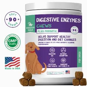 Health, Happy, Pets: Help support your dog's digestive health and any diet changes with these dog probiotics treats from Swaggy Tails! Designed for adult dogs and puppies over 6 weeks in age, our digestive enzymes for dogs will help promote your best friends' health and vitality while relieving constipation, upset stomach, diarrhea, and more. 90 Soft Chews.