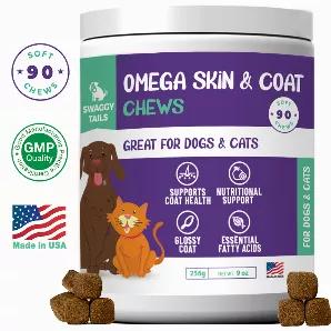 Enjoy a soft, shiny coat: Always make sure your pet has healthy skin and a soft coat with the Omega Skin & Coat Chews from Swaggy Tails! These cat and dog fish oil supplements have been designed to provide the nourishment pets need to maintain shiny, strong, and soft fur, in addition to ensuring skin is always moisturized. 90 Soft Chews.