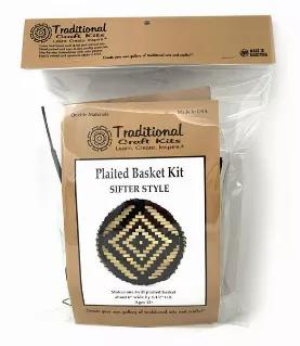 This kit teaches how to make a shallow sifter basket with a twill plaited design. It is made from split reed. Once you learn this technique you can make all kinds of shapes and sizes with a variety of flat materials. Plaiting is a basketry method that weaves flat materials over and under each other in a pattern. Vertical lengths are called warps and horizontal lengths are called weft. Generally the materials used in plaiting are flat and rigid. Traditionally plant materials such as leaves, split