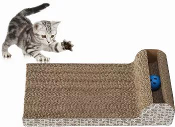 Cardboard scratching post that help stop your pet from scratching up and destroying your home's furniture. Two pieces per pack and made from highly durable cardboard. Now, comes in a unique sloped shape.  Contains a plastic toy ball and cat nip for it to play with. <br>
16.3"L x 10.8"W x 6.5"H