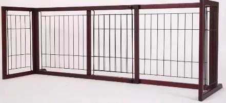An adjustable pet gate made out of smooth mahogany wood. Minimum size is 38.39in and can extend upwards to 71.25in. 