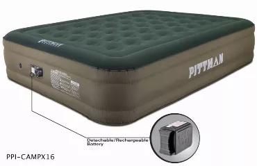Pittman Outdoors 16-inch Ultimate Fabric Double High Queen Air Mattress is just what you need for Indoor/Outdoors events. With our rugged fabric construction and builtin rechargeable battery pump, a great nights sleep is just an inflate away.
High-Power, Built-in rechargeable NiMh battery Air Pump With Inflate/Deflate Features. The built-in pump makes inflation and deflation simple. At full power, the airbed inflates in under 4 minutes. A carry bag is included to make travel and storage easy. 
