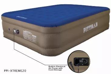 Pittman Outdoors 20-inch Extreme Fabric Double High Queen Air Mattress is just what you need for Indoor/Outdoors events. With our rugged fabric construction and builtin electrical air pump, a great nights sleep is just an inflate away. High-Power, Built-in electrical air pump with inflate/deflate features. The built-in pump makes inflation and deflation under. A carry bag is included to make travel and storage easy. 
