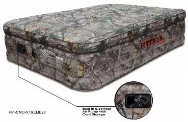 Pittman Outdoors Realtree CAMO 20-inch Extreme Fabric Double High Queen Air Mattress is just what you need for Indoor/Outdoors events. With our rugged fabric construction and builtin electrical air pump, a great nights sleep is just an inflate away. High-Power, Built-in electrical air pump with inflate/deflate features. The built-in pump makes inflation and deflation under. A carry bag is included to make travel and storage easy. 
