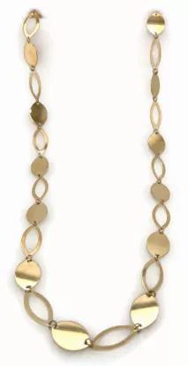 This elegant and unique necklace is made of open and closed stampings of gold discs. The length is great in the winter on a sweater and in the summer on a t-shirt, both allowing the high polish of the discs to shine!<br> 
Measures 20 inches in length<br> 
Spring ring closure<br>
6.8 grams
