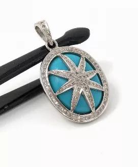 <p>Natural Genuine Sleeping Beauty Turquoise Sterling Silver Designer Star Pave Diamond Pendant.<br> SIZE : 42.85mm X 19mm X 9mm ( including Bail)<br> GROSS WEIGHT : 10.45g<br> STONE WEIGHT : 4.22g<br> DIAMOND WEIGHT : 0.56 Cts<br> DIAMOND COLOR : I - J Color<br> GEMSTONE : NATURAL SMOOTH TURQUOISE<br> GRADE : AAA+ GRADE<br> ORIGIN : ARIZONA<br> TREATMENT : NO TREATMENT<br> METAL : 925 STERLING SILVER<br> SHAPE : OVAL<br> HANDMADE<br> **All Measurements are close approximations**</p> <p>SLEEPING