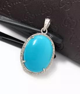 <p>Natural Genuine Sleeping Beauty Turquoise Sterling Silver Pave Diamond Pendant.<br> SIZE : 35mm X 19mm X 12.5mm ( including Bail)<br> GROSS WEIGHT : 9.324g<br> STONE WEIGHT : 4.67g<br> DIAMOND WEIGHT : 0.52 Cts<br> DIAMOND COLOR : I - J Color<br> GEMSTONE : NATURAL SMOOTH TURQUOISE<br> GRADE : AAA+ GRADE<br> ORIGIN : ARIZONA<br> TREATMENT : NO TREATMENT<br> METAL : 925 STERLING SILVER<br> SHAPE : OVAL<br> HANDMADE<br> **All Measurements are close approximations**</p> <p>SLEEPING BEAUTY TURQUO