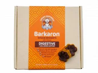 Sustainably sourced, "beyond organic," handcrafted, Barkaron super healthy, Decadent Doggie Dessert Gift Boxes with eco-friendly, plant-based, plastic-free packaging (Handcrafted, Recycled Paper and Reclaimed Cotton-based Barkaron Decadent Doggie Desserts packaging is a USDA Certified Biobased package & contains 99% USDA Certified Biobased content.)  Wholesome Barkarons are functional foods with specific health benefits including supporting Digestive Health.  Gift box contains 16 pieces.