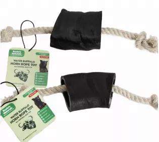 WATER BUFFALO HORN ROPE TUG TOY-100% Cotton Rope 14", Long-Lasting, Natural Dog Treat & Chews, Dog Dental Chew Toy-2 COUNT-10 oz